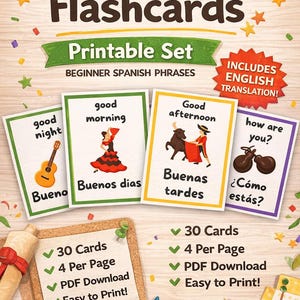 以下が含まれることがあります： 初心者向けのスペイン語フラッシュカード。イラスト付きで「おはよう」や「元気ですか？」などのフレーズが収録されています。英語の翻訳も含まれています。30枚のカードセットで、1ページに4枚、PDFダウンロードで利用できます。