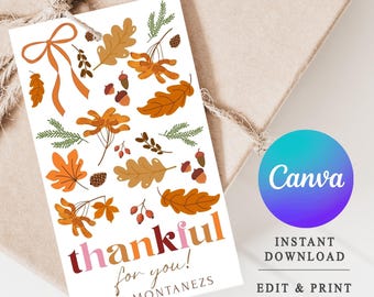 Printable Fall Thankful Gift Tags, Fall Thanksgiving Favor Tags, Editable Autumn Thank You Tags,  Fall Treat Labels, Instant Download