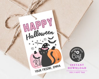 May include: A white gift tag with a pink and black Halloween theme. It features a black cat wearing a witch's hat, pumpkins, and bats. The text reads "Happy Halloween" and "Your friend, Emma".