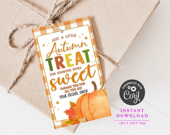 May include: A white gift tag with a red and white checkered background. The tag features a watercolor illustration of a pumpkin and fall leaves. The text on the tag reads "Just a little Autumn Treat sweet for someone extra. Thanks you for all you do! Your friend, Owen."