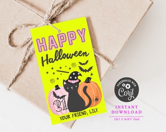 May include: A bright yellow gift tag with a black cat wearing a witch's hat and holding a wand. The cat is sitting on top of three pumpkins, one of which has the number 31 on it. The tag says "Happy Halloween" in pink letters and "Your Friend, Lily" at the bottom. The tag is 2x3.5 inches.