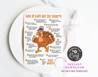 May include: A printable Thanksgiving game card with a cartoon turkey illustration. The card has the title "Who is Most Like the Turkey?" and lists a series of questions with points assigned to each answer. The card is designed for a fun and interactive Thanksgiving gathering.