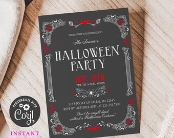 Afdrukbare uitnodiging voor gotisch Halloween-feest voor volwassenen, griezelige uitnodiging voor Halloween-evenement, donkere en elegante afdrukbare uitnodiging voor Halloween-evenement