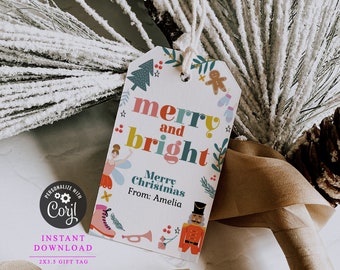 May include: A white gift tag with a colorful illustration of a gingerbread man, a nutcracker, a ballerina, and a Christmas tree. The text on the tag reads "merry and bright Merry Christmas From: Amelia".
