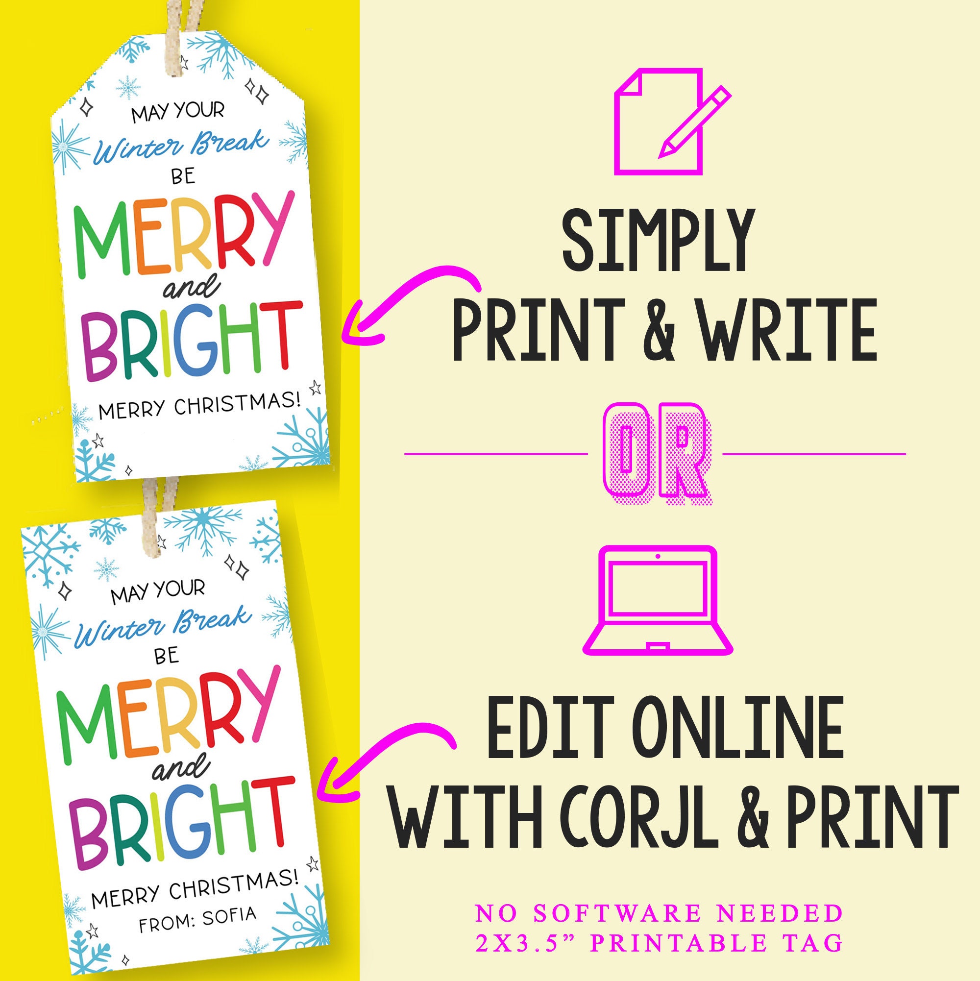 Printable Merry & Bright Christmas Gift Tag Editable Teacher Staff ...