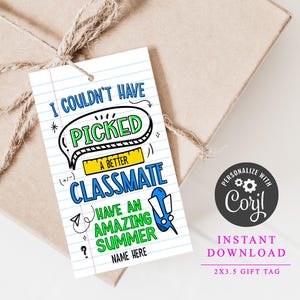 Etiqueta "No pude haber elegido una mejor compañera de clase", recuerdo editable de fin de curso, etiqueta de regalo para el último día, etiqueta escolar imprimible, descarga instantánea