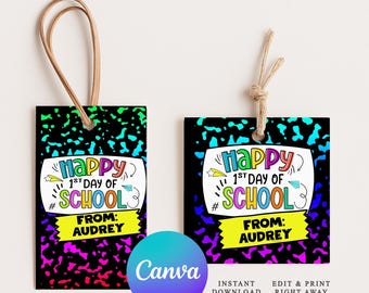 Happy First Day of School Composition Book Gift Tag, Editable Back to School Favor Tag, Printable First Day of School Tag, Instant Download