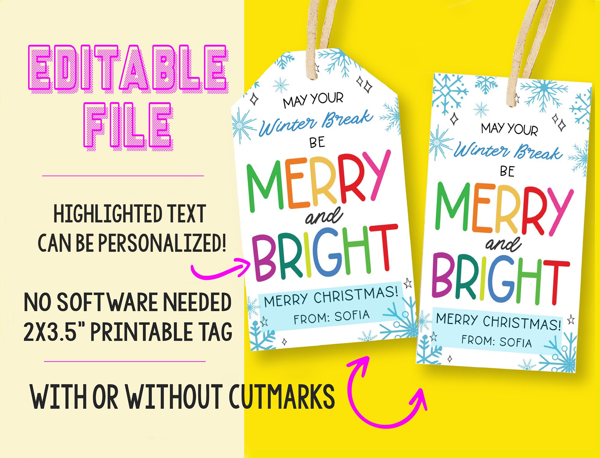 Printable Merry & Bright Christmas Gift Tag Editable Teacher Staff ...