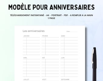 Modèle pour noter les anniversaires, calendrier d'anniversaires, rappels anniversaires - imprimable pdf 44 - téléchargement instantané