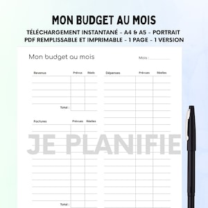 Peut inclure: Un planificateur de budget imprimable en orientation portrait avec le titre "Mon Budget Au Mois" en texte noir. Le planificateur est divisé en sections pour les revenus, les dépenses et les économies. Il comprend des colonnes pour les montants prévus et réels. Le planificateur est conçu pour aider les gens à suivre leurs finances et à planifier l'avenir.