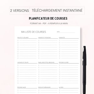 Puede incluir: Una plantilla de lista de la compra imprimible en francés. La plantilla está dividida en categorías como frutas y verduras, carnes y pescados, productos lácteos, pan, alimentos congelados, etc. La plantilla está diseñada para imprimirse en papel A4 y rellenarse a mano.