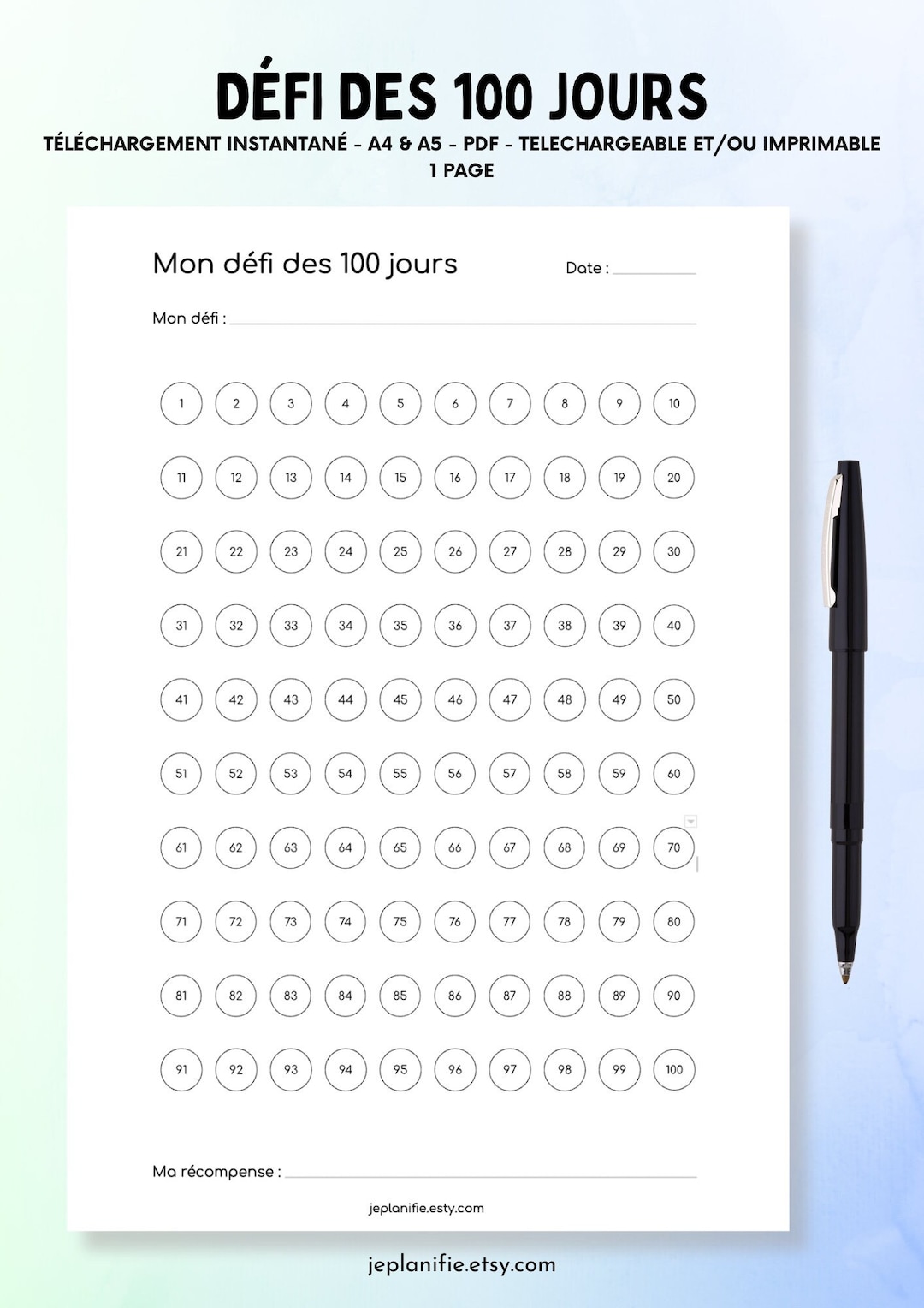 100 Day Challenge - Printable A4 & A5 Pdf Tracker - Template ...