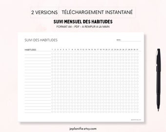 Afdrukbare planner voor het bijhouden van gewoontes; maandelijkse monitoring; formaat A4; direct printbare pdf