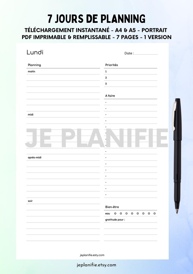 7 Day Daily Planner Printable Fillable Minimalist, PDF Instant Download ...