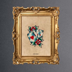 Carte Assi | Arte da parete tradizionale della vecchia scuola | Stampa artistica da parete in stile tatuaggio | Decorazione da parete con tatuaggio flash | Poster del tatuaggio | Scaricamento digitale