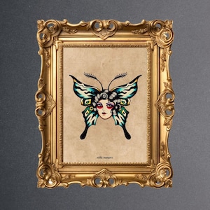 Butterfly Woman | Traditional Old School Wall Art | Tattoo Style Wall Art Print | Tattoo Flash Wall Decor | Tattoo Poster | Digital Download