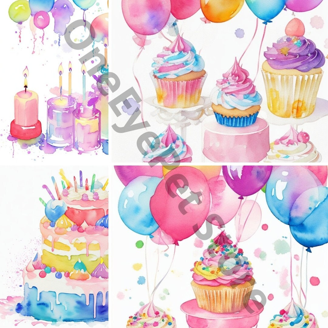 Elevate Birthdays With a 16-piece Watercolor Clipart Bundle: Cake ...