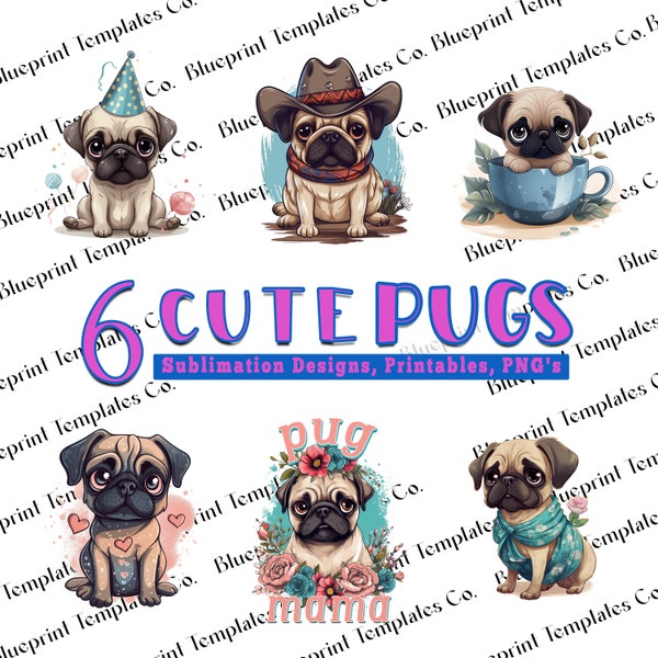 6 Pug Clipart | Dog PNG | Pug Puppy Clipart | Cute Dog Clipart | Dog Portrait | Dog Watercolor | Puppy Images | Tumbler Wrap | Sublimation