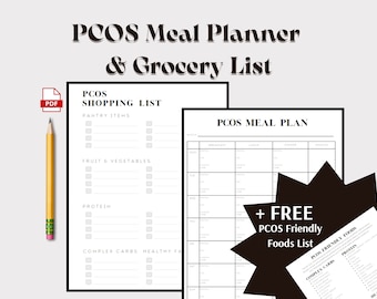Planificador de comidas para el síndrome de ovario poliquístico y lista de compras para el síndrome de ovario poliquístico, paquete en blanco y negro con lista de alimentos para el síndrome de ovario poliquístico gratis, dieta para el síndrome de ovario poliquístico, pérdida de peso para el síndrome de ovario poliquístico, plan de dieta saludable para el síndrome de ovario poliquístico