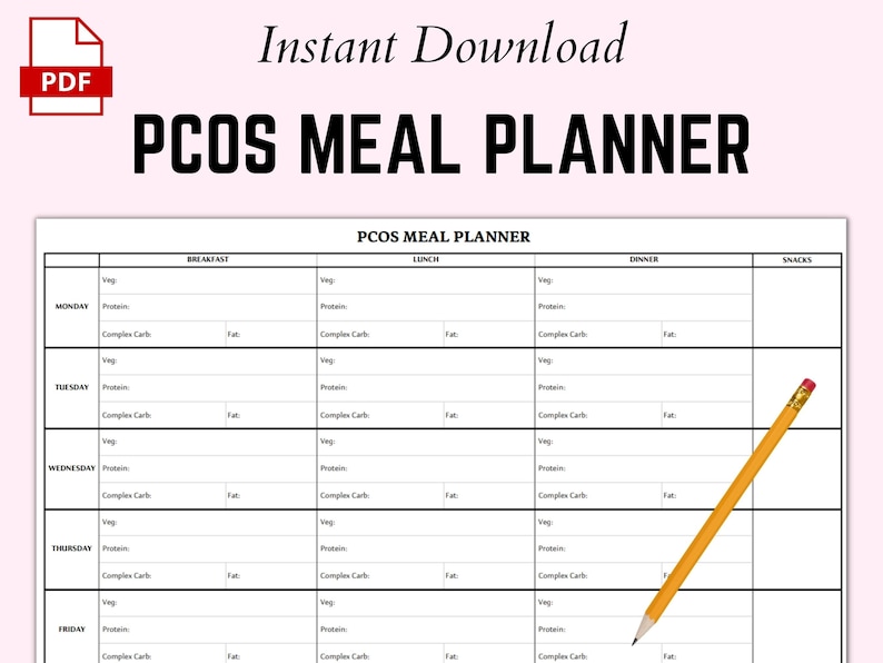 May include: A printable PCOS meal planner with a black and white grid layout. The planner includes columns for breakfast, lunch, dinner, and snacks. Each day of the week is listed with sections for vegetables, protein, complex carbohydrates, and fat.