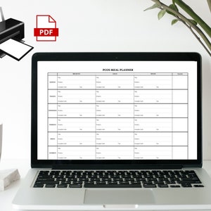 May include: A printable PCOS meal planner on a laptop screen. The planner has columns for the day of the week, meal, protein, complex carbs, and notes.