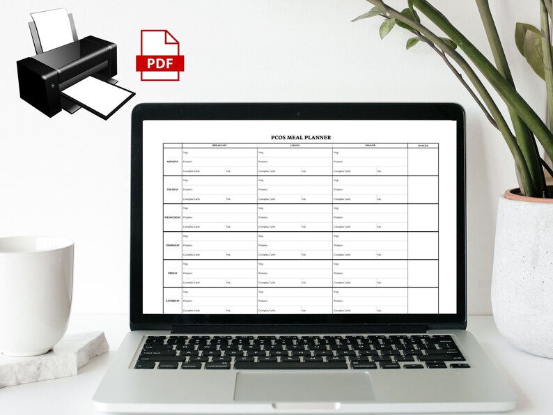 May include: A printable PCOS meal planner on a laptop screen. The planner has columns for the day of the week, meal, protein, complex carbs, and notes.