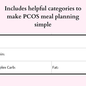 May include: A blank chart with four categories: Veg, Protein, Complex Carb, and Fat. The chart is designed to help with meal planning for people with PCOS.