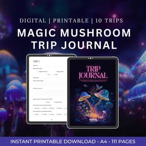 Könnte beinhalten: Ein digitales, druckbares "Magic Mushroom Trip Journal" mit einer farbenfrohen Pilzillustration auf dem Cover. Das Journal enthält Anregungen für 10 Trips und ist als Sofort-Download erhältlich. Der Text auf dem Bild lautet "DIGITAL | PRINTABLE | 10 TRIPS" und "INSTANT PRINTABLE DOWNLOAD - A4 - 111 PAGES."