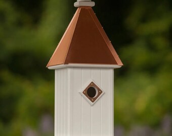 Single-Hole 8" Square Blue Bird House- Copper or Patina Copper Top with PVC/Vinyl