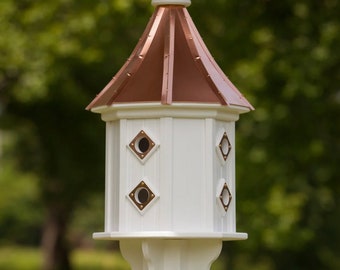 8-Hole 14" Octagon Songbird House with Copper Accents- Copper or Patina Copper Top with PVC/Vinyl and Finial