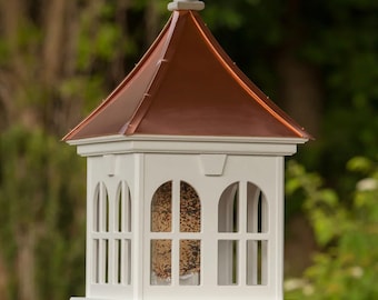 14" Square Double Window Bird Feeder- Copper or Patina Copper Top with PVC/Vinyl