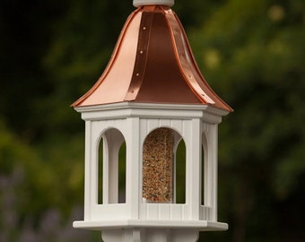 12" Hexagon Bird Feeder Bell Roof Paneled- Copper or Patina Copper Top with PVC/Vinyl