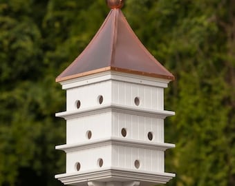 12-Hole 18" Purple Martin Bird House- Copper or Patina Copper Top with PVC/Vinyl and Finial
