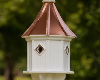 4-Hole 14" Octagon Songbird House with Copper Accents- Copper or Patina Copper Top with PVC/Vinyl and Finial