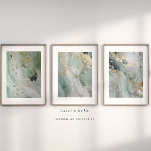 Sage Green Wall Art Prints | Abstract Set of 3 Prints | Modern Bedroom Living Room Wall Decor | Marble Wall Prints | Green | Gold