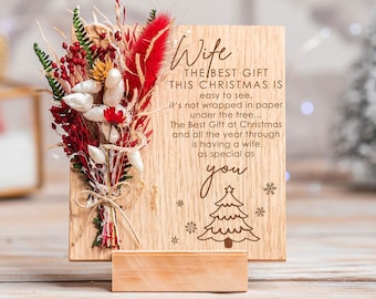 Wife Christmas Card,  Romantic Christmas Card, Christmas Card with Dried Flowers, Engraved Wood Christmas Flowers Gift, Xmas Gift For Her