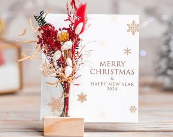 Merry Christmas and Happy New Year Gift Christmas Card with Dried Flowers, Engraved Wood, Christmas Wood Ornaments Personalised Gifts Xmas