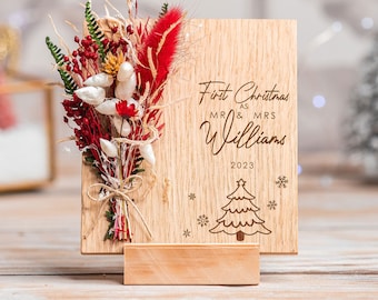 First Christmas As Mr and Mrs, First Chrismtas Married Gift, Christmas Card For Wife, Dried Flowers, Wood Card,  Engraved Wood, Married Gift
