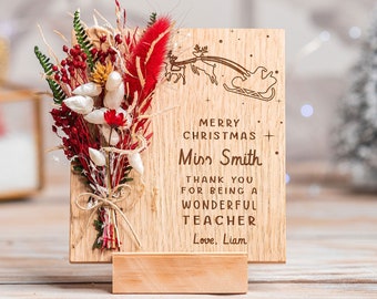 Teacher Thank You Christmas Card, To My Teacher, Christmas Card with Dried Flowers, Engraved Wood Christmas Flowers Gift,  Card For Teacher