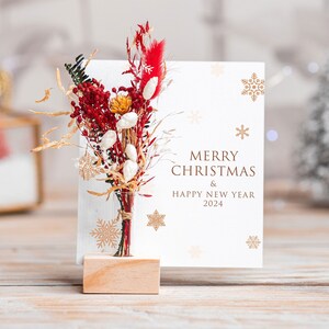 Merry Christmas and Happy New Year Gift Christmas Card with Dried Flowers, Engraved Wood, Christmas Wood Ornaments Personalised Gifts Xmas