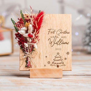 First Christmas As Mr and Mrs, First Chrismtas Married Gift, Christmas Card For Wife, Dried Flowers, Wood Card,  Engraved Wood, Married Gift