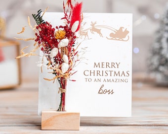 Merry Christmas To An Amazing Boss, Christmas Card with Dried Flowers, Engraved Wood Gifts, Personalized Gift for Boss, Gifts for Lead Xmas