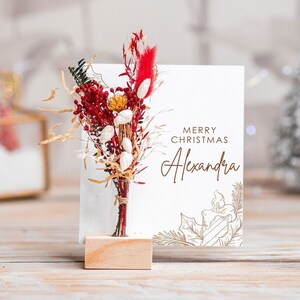 Merry Christmas Gift With Name, Christmas Decoration, Friends Card, Christmas Card Dried Flowers, Personalised Gift for Boss, Sister Her Him