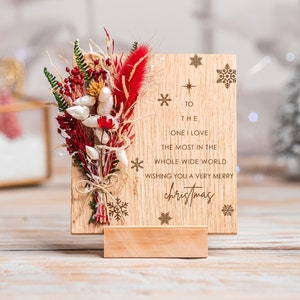 Christmas Tree Card, Wishing You Merry Christmas Gift Wood Card Dried Flowers Christmas Flowers, Personalised Gift for Friend Sister Mom Dad