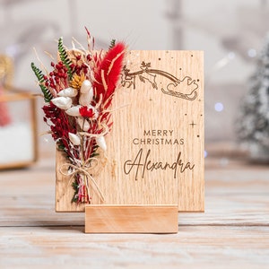 Personalised Christmas Card, Merry Christmas Your Name, Christmas Card with Dried Flowers, Engraved Wood Christmas Flowers Gift,  For Friend