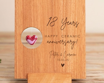 18th Anniversary Gift, Porcelain Anniversary Card, Red Ceramic Heart, Personalized Custom Paper or Wood Card for Her or Boyfriend, Laser Cut