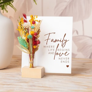 Family Gifts Where Life Begins and Love Never Ends, Dried Flower Bouquet, Vase, Father's Day, gifts from daughter, Gift for mom dad Card