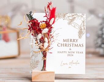 Happy New Year Christmas Card, Personalized Merry Christmas Gift for Friends, Couple, Family, Dried Flowers, Personalised Gift for Family XO