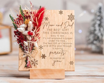 Mom And Dad Poem Christmas Card, Card Mom And Dad, Christmas Card with Dried Flowers, Engraved Wood Christmas Flowers Gift, Card For Parents
