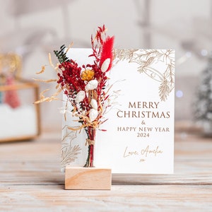 Happy New Year Christmas Card, Personalized Merry Christmas Gift for Friends, Couple, Family, Dried Flowers, Personalised Gift for Family XO